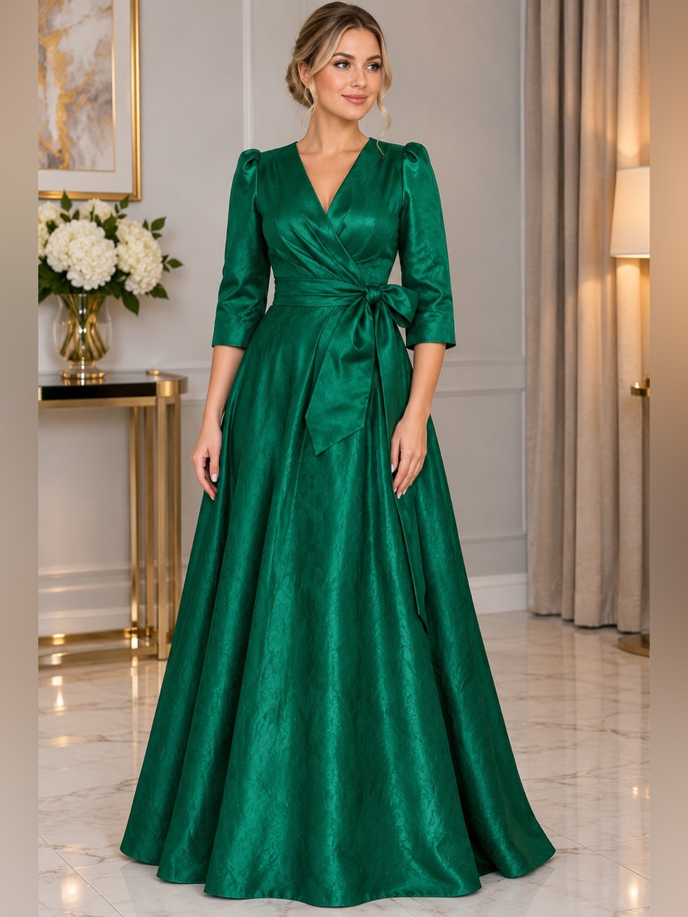 Elegant Green Wrap Waist Evening satin Dress